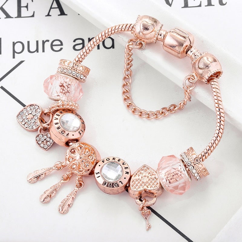 Bracelet élégant attrape-neige avec des roses romantiques et des pendentifs en argent