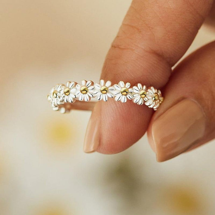 Botanique - Bague en argent réglable avec une marguerite