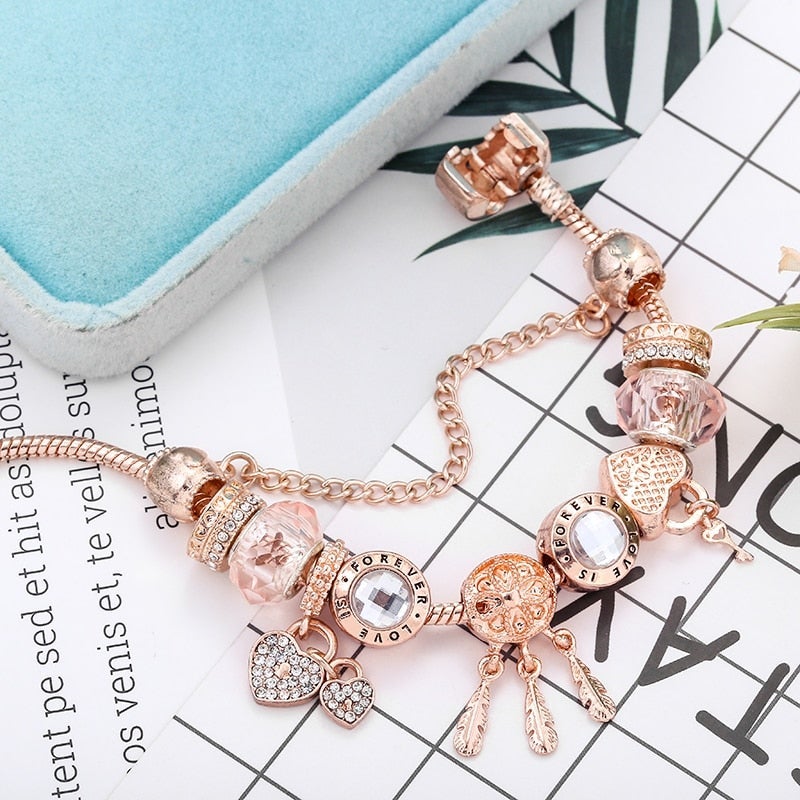 Bracelet élégant attrape-neige avec des roses romantiques et des pendentifs en argent