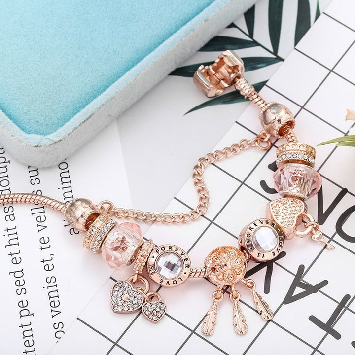 Bracelet élégant attrape-neige avec des roses romantiques et des pendentifs en argent