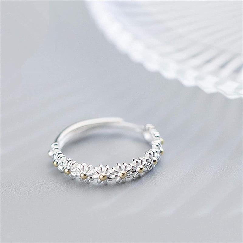 Botanique - Bague en argent réglable avec une marguerite