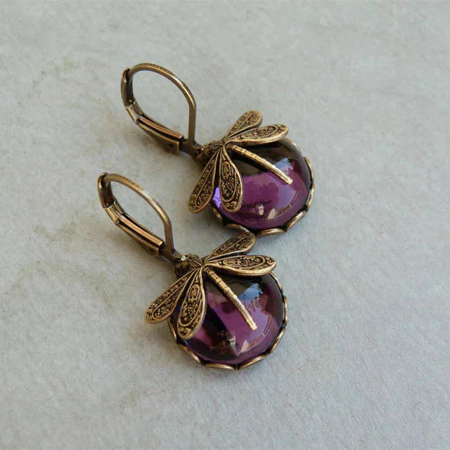 Boucles d'oreilles enchantées en cristal avec libellule en or antique