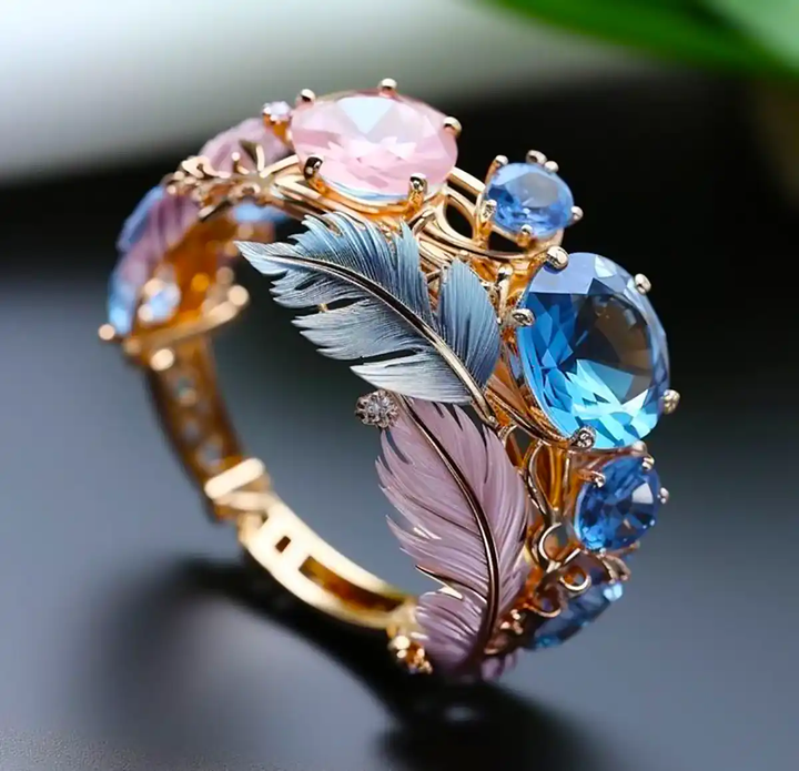 Anneau vintage avec plumes exotiques et cristaux raffinés
